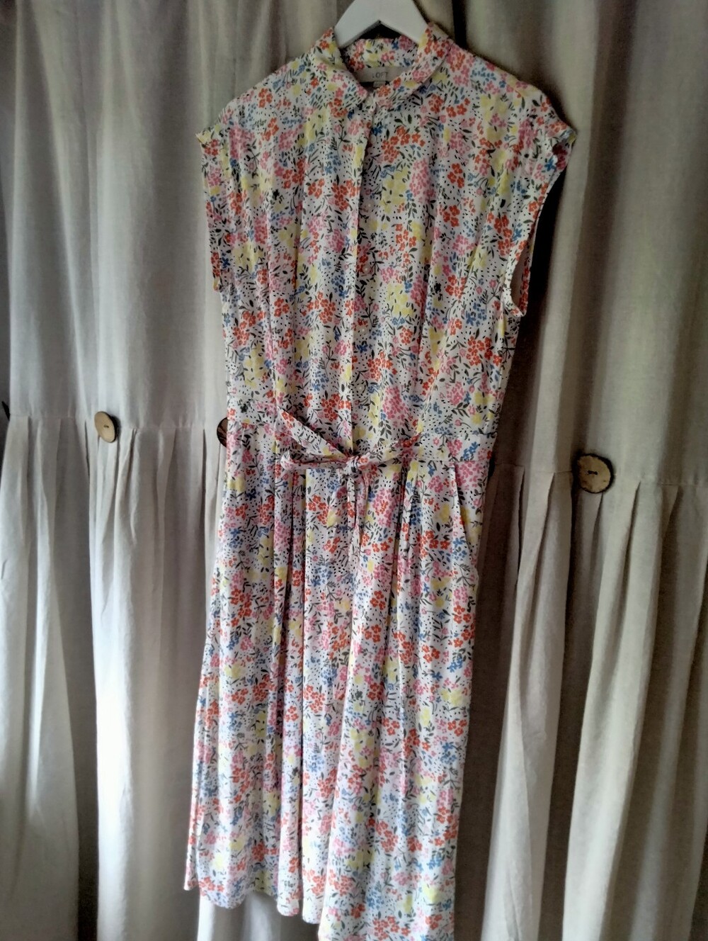 LOFT Pastel Multi Floral Midi Dress with Tie Waist